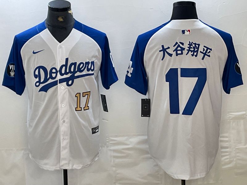 Men Los Angeles Dodgers 17 Ohtani White blue Fashion Nike Game MLB Jersey style 7